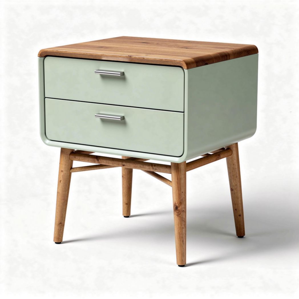 Comodino in legno e metallo verde con due cassetti 45 x 40 x 50cm