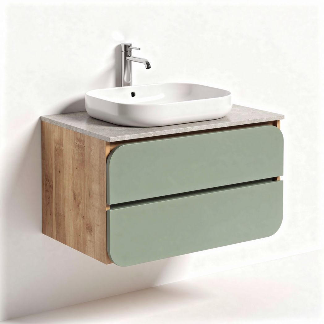 Mobile bagno sospeso in legno con lavabo in ceramica e cassetti verde 80 x 45 x 50cm
