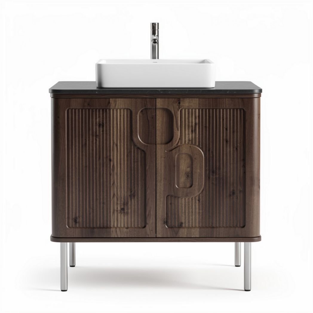 Mobile lavabo in legno con ante a doghe e piano in marmo 60 x 45 x 85cm
