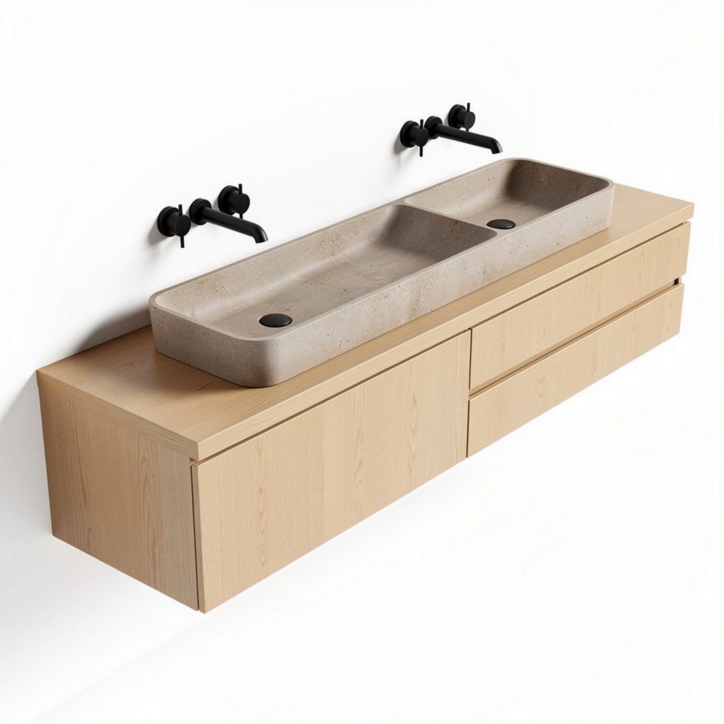 Mobile bagno in legno con lavabo in cemento 120 x 45 x 15cm senza rubinetti