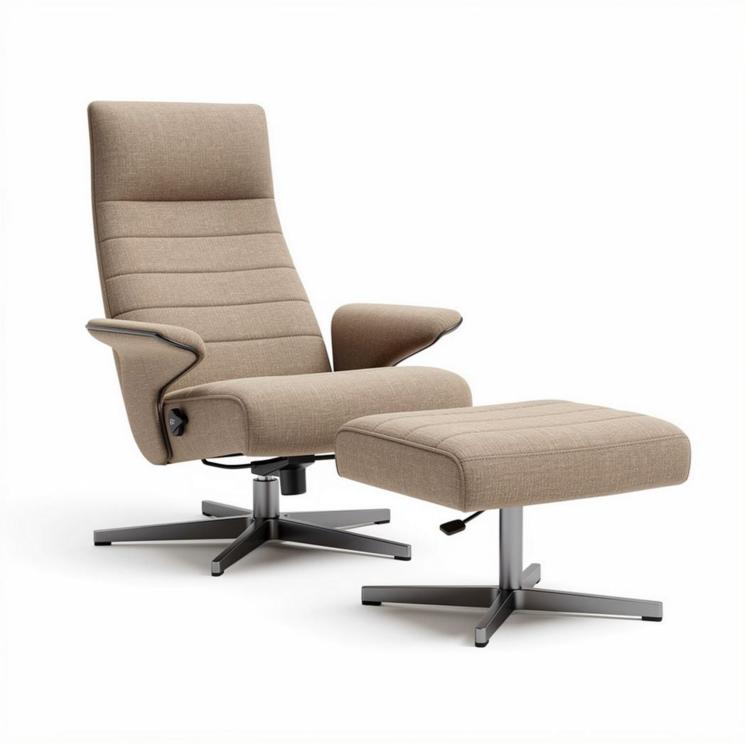 Poltrona da soggiorno con poggiapiedi in tessuto beige e base in metallo 85 x 80 x 100cm