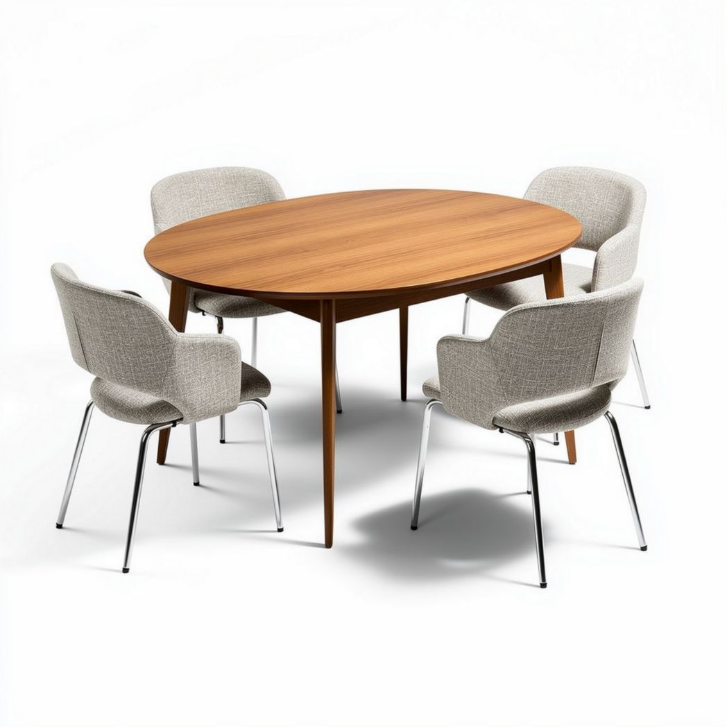 Tavolo rotondo in legno con sedie rivestite in tessuto grigio diametro 150 cm